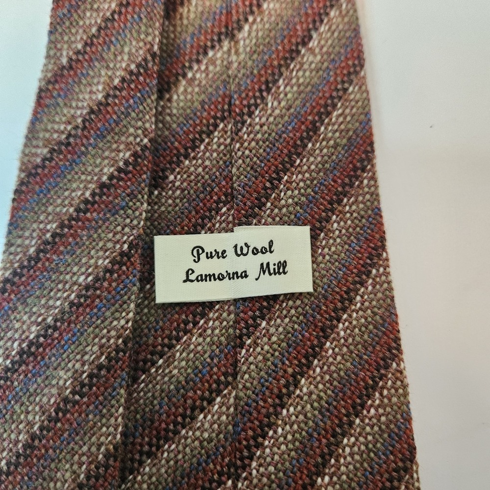 Lamorna Mill Brown Earthy Striped 100% Wool Tie. Rustic, Artisian Fringe UK Made - Picture 2 of 3